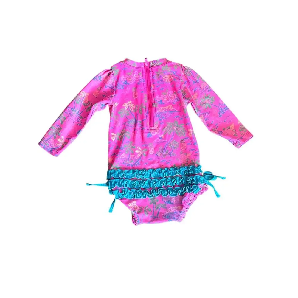 RuffleButts Neon Island Time One Piece Rash Guard Long Sleeve Swimsuit 12-18m